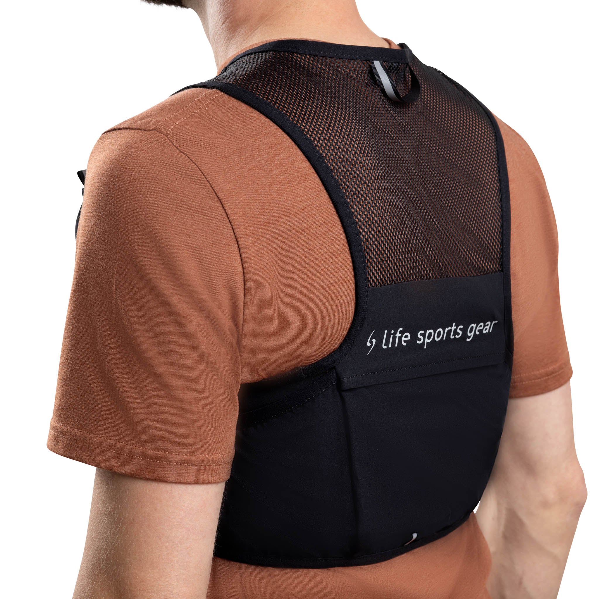 Person wearing a black posture corrector with 'Life sports gear' branding on a white background #color_black