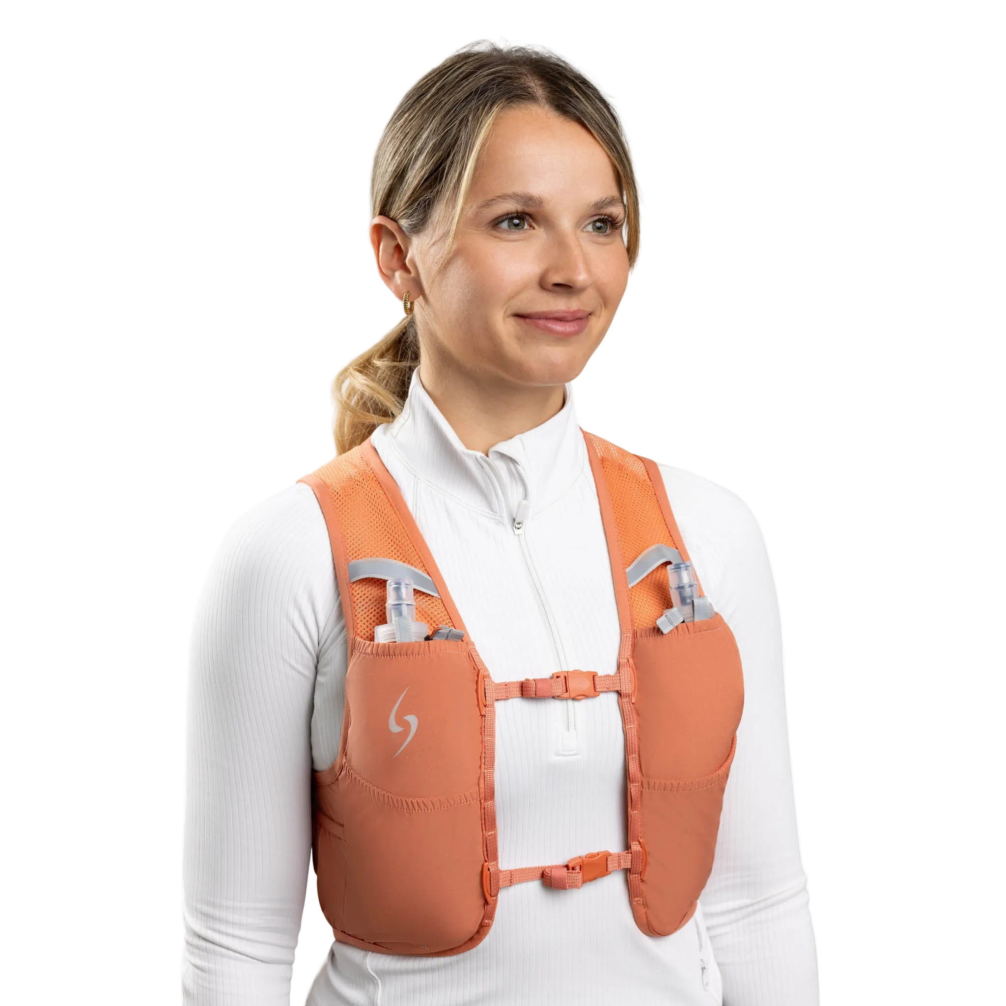 Woman wearing an orange safety vest on a white background #color_terra-cota
