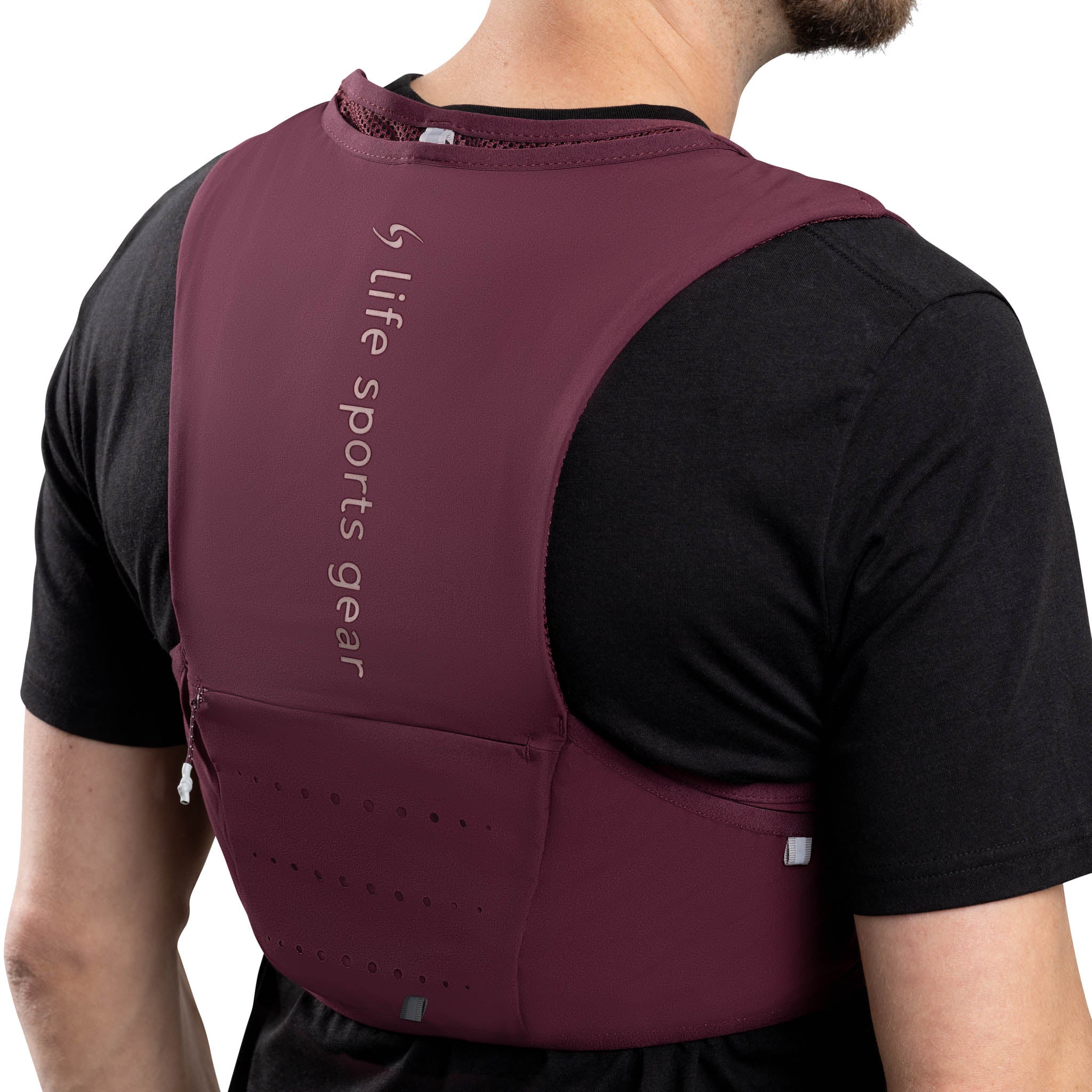 Person wearing a maroon backpack with 'life sports gear' branding on a white background