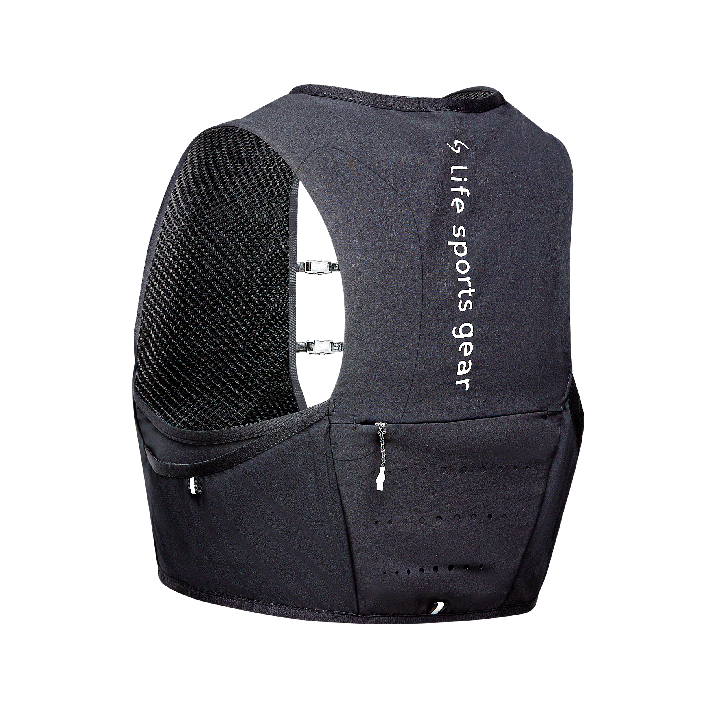 Black running vest with mesh design on a white background