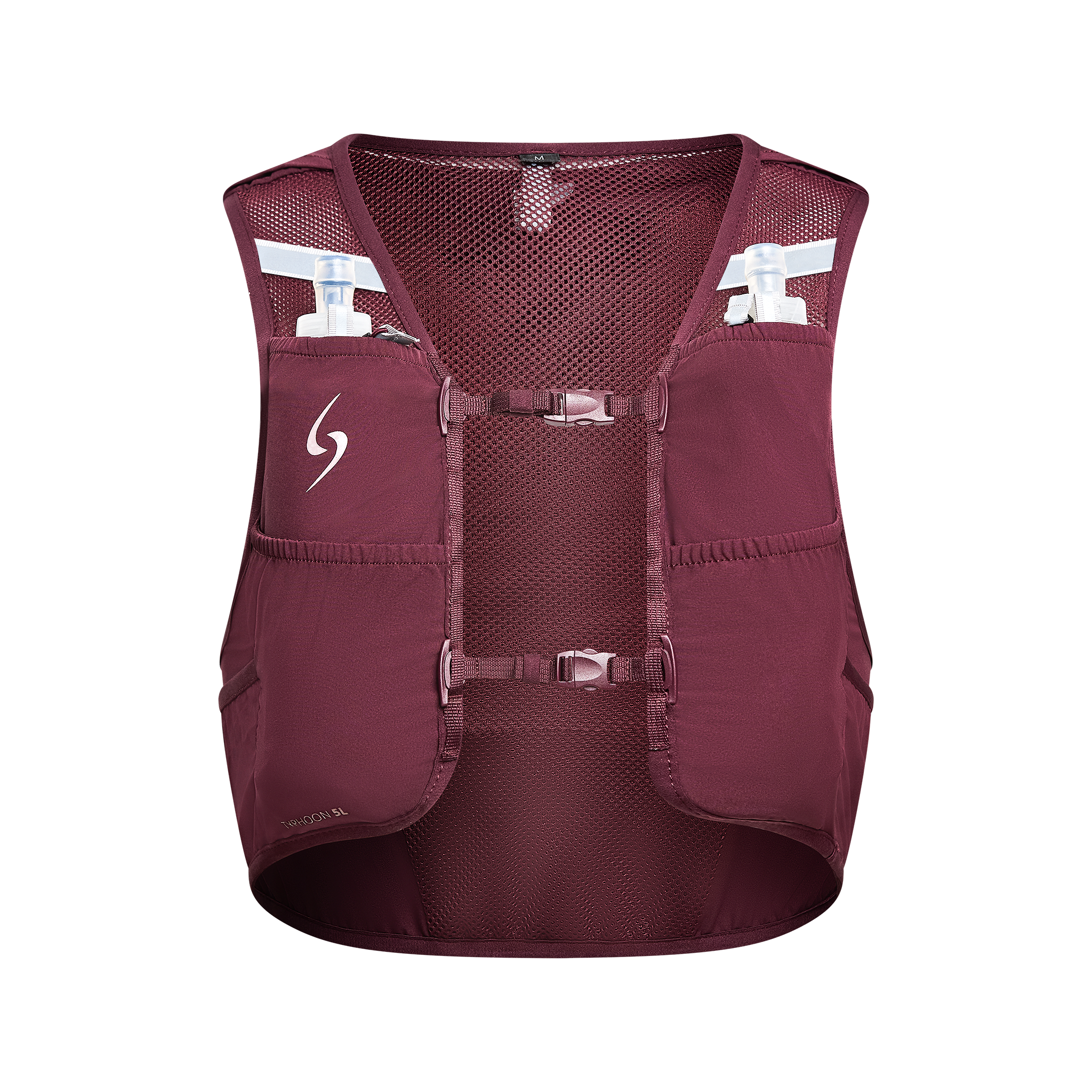 Maroon running vest with water bottles on a white background