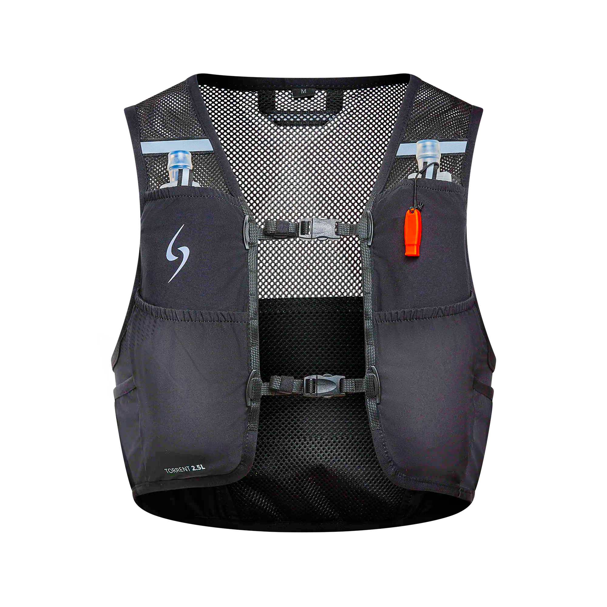 Black running vest with water bottle holders on a white background #color_black