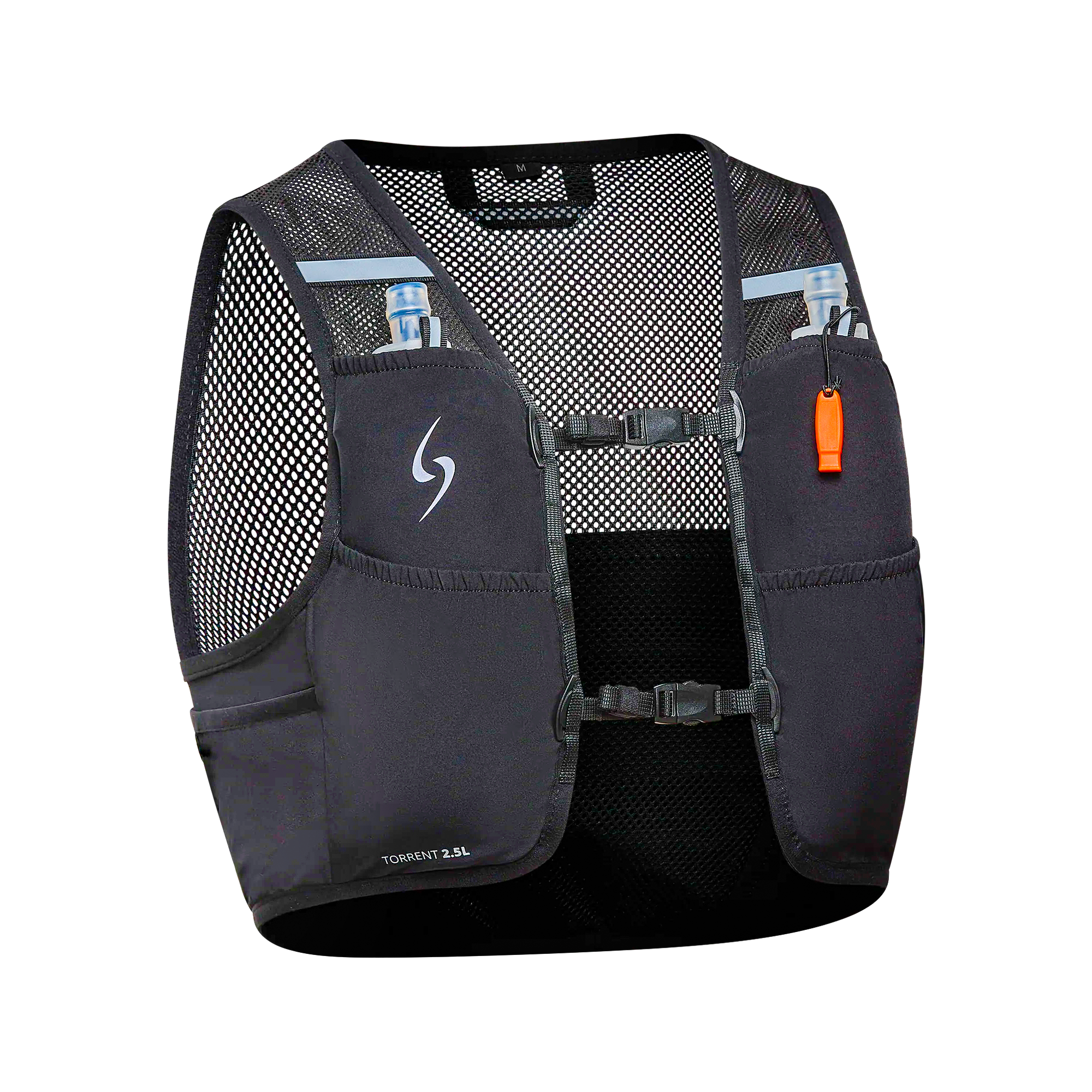 Black hydration vest with mesh side panels on a white background #color_black