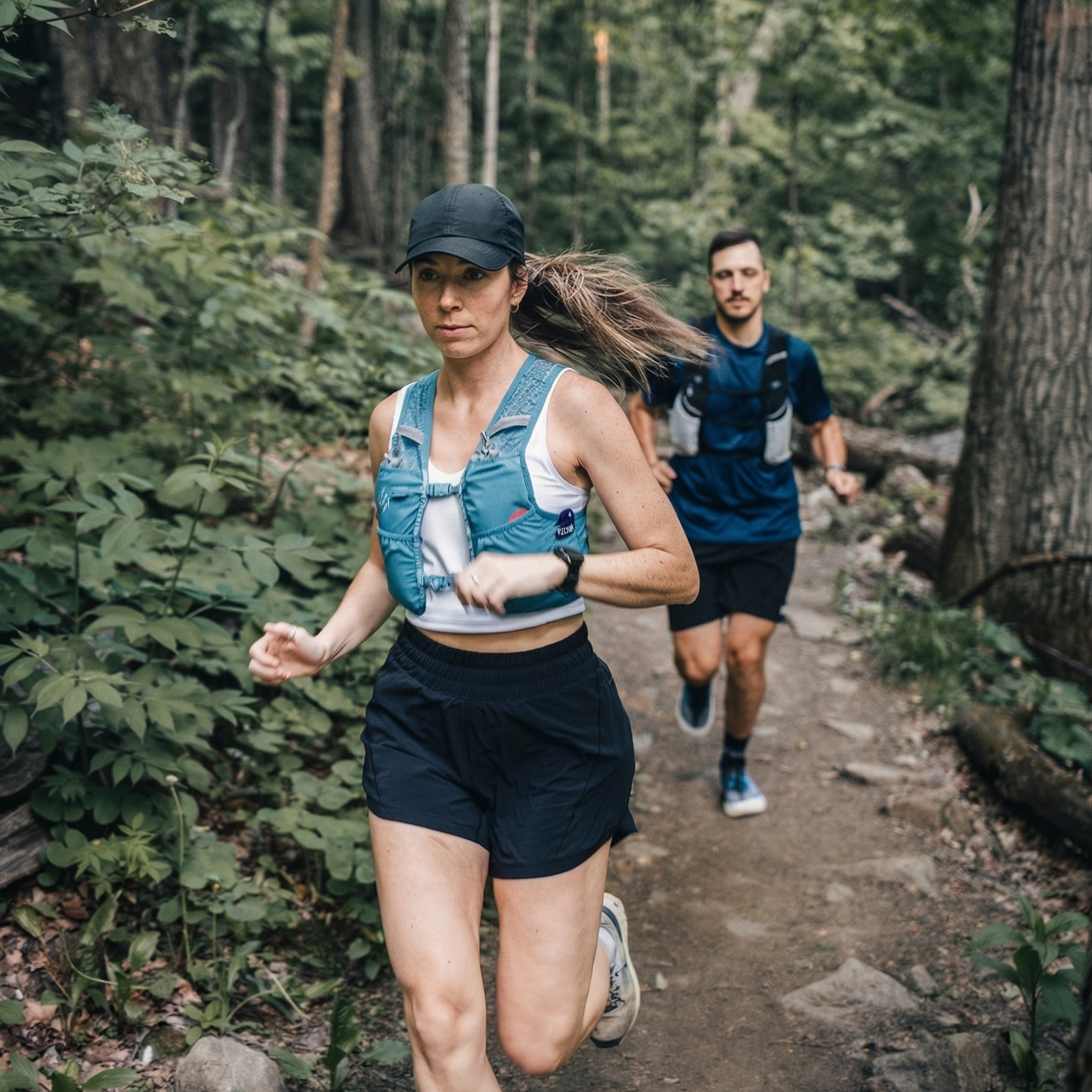 Two runners on a forest trail, one in the foreground and one slightly behind. #color_steel-blue