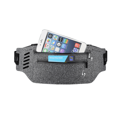 A black running belt with a smartphone pouch, featuring zippered pockets and elastic gel holders, with reflective trims and a label showing 'Life+? ECO'.