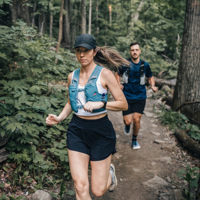Two runners on a forest trail, one in the foreground and one slightly behind. #color_steel-blue