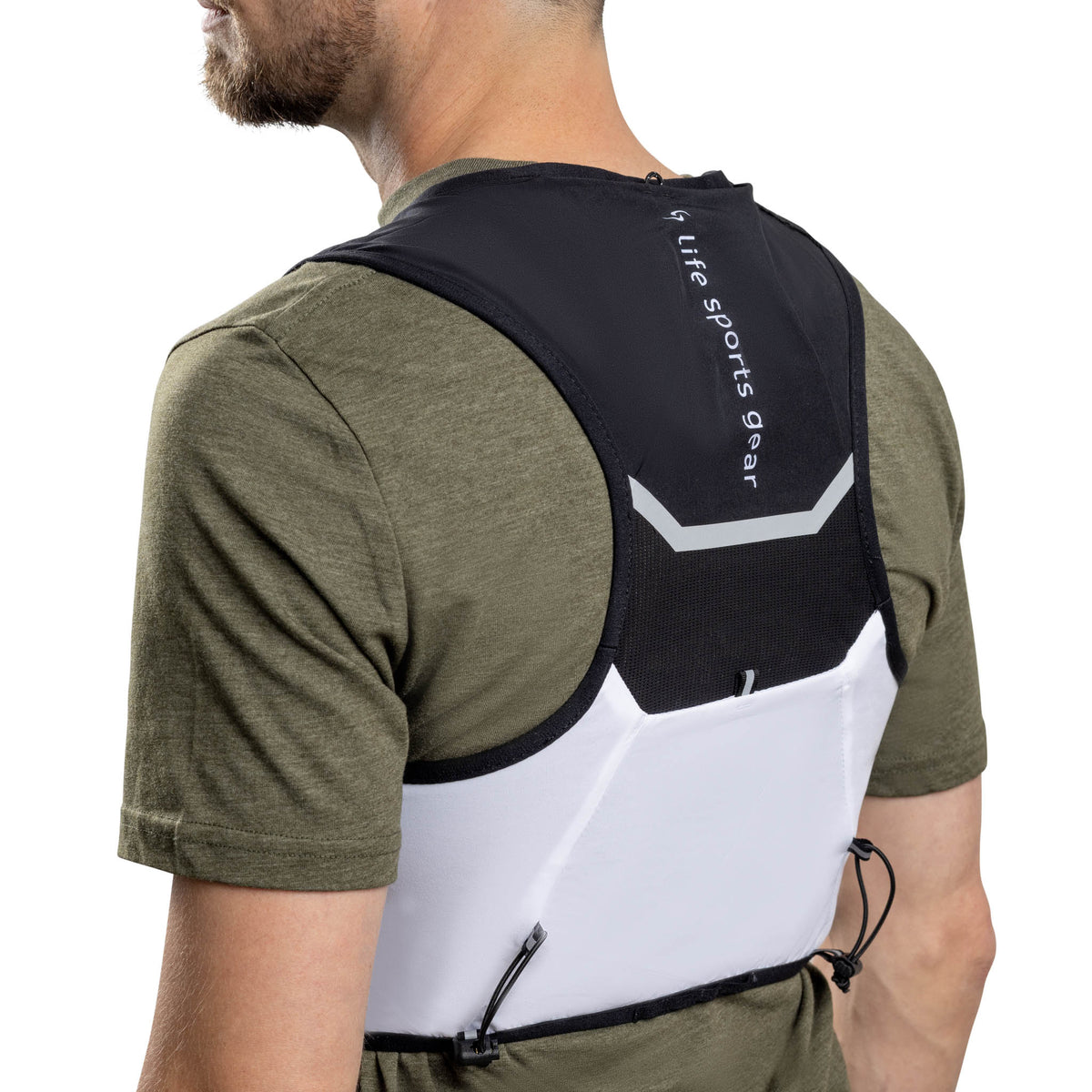 Life sports gear black white Hurricane Running Vest ECO men wear back angled view