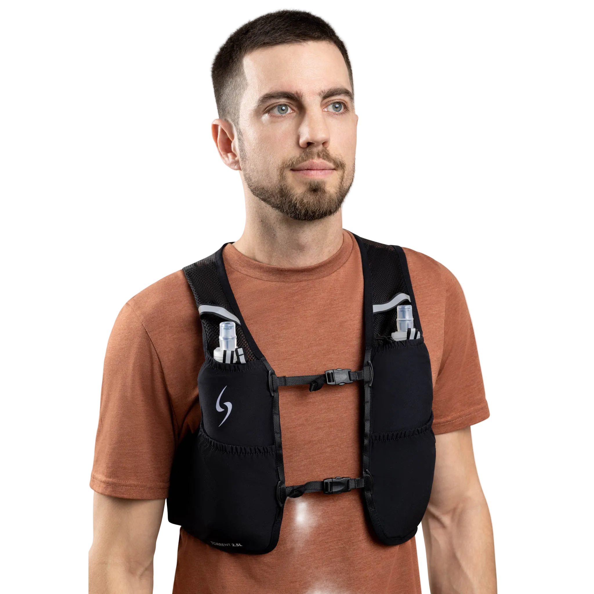 Man wearing a black hydration vest on a white background #color_black