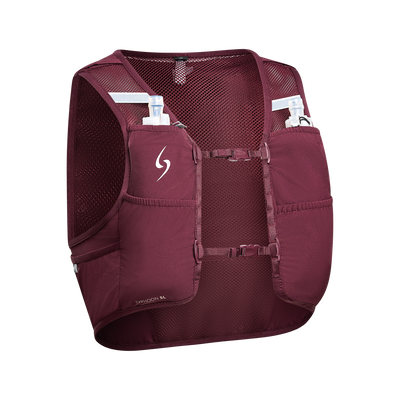 Maroon running vest with water bottles on a white background 