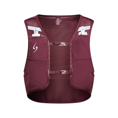 Maroon running vest with water bottles on a white background 