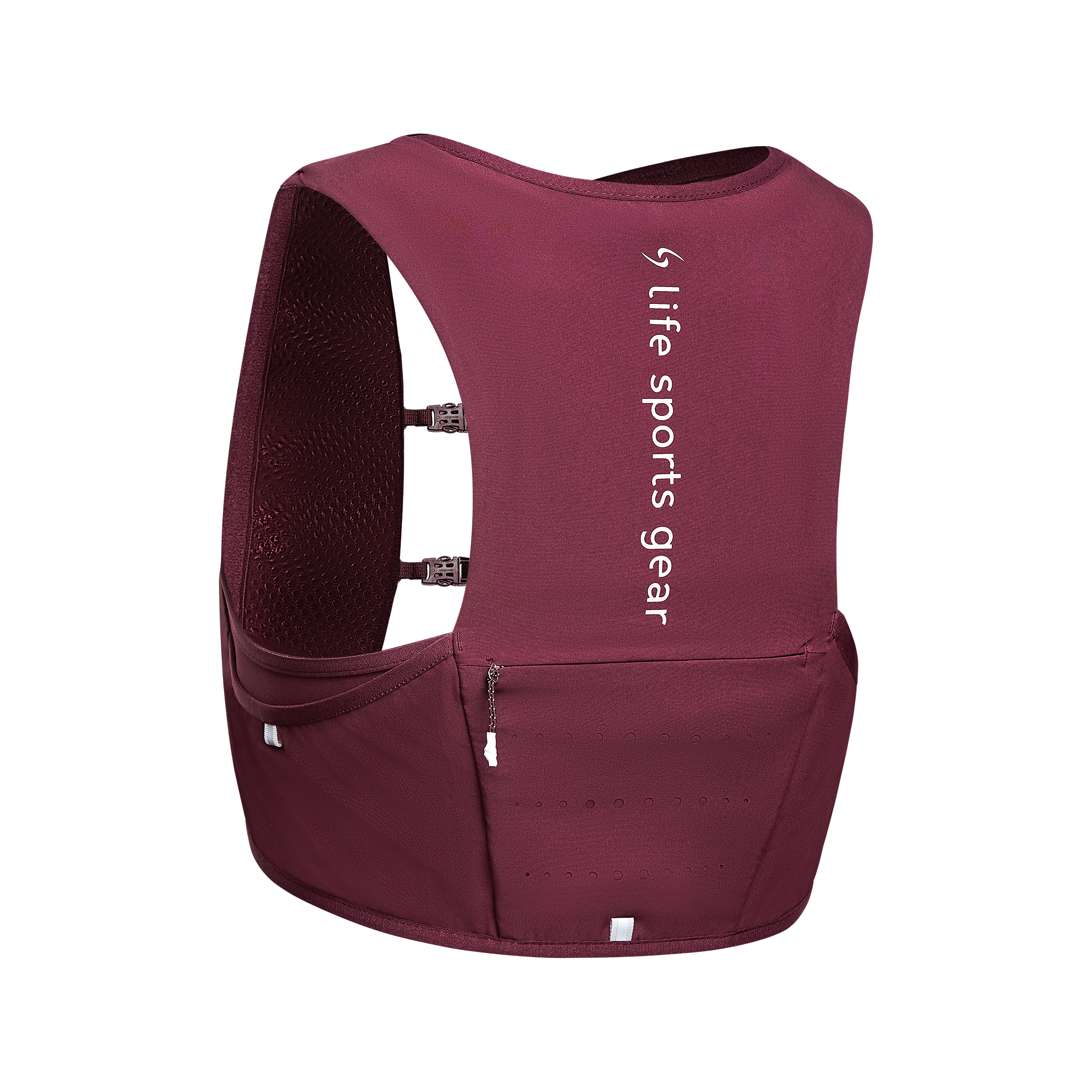 Maroon running vest with water bottles on a white background 