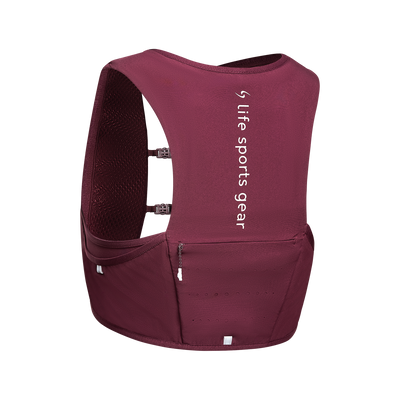 Maroon running vest with water bottles on a white background 