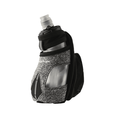 A handheld bottle with a black and gray camouflage pattern, featuring a silicone cap and an adjustable strap. 