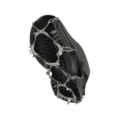 A pair of black crampons with stainless steel spikes and a Velcro strap, designed for walking on ice and snow.