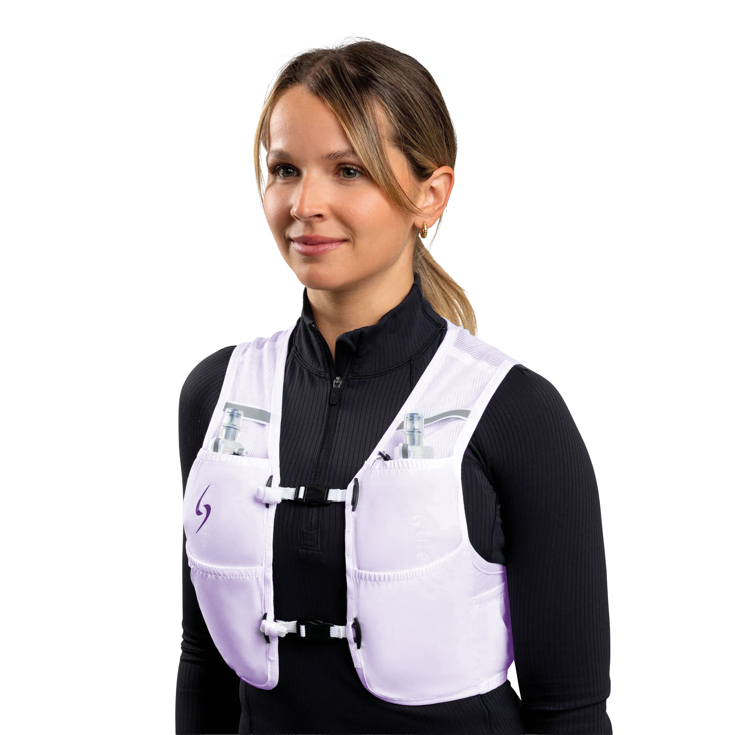 Woman wearing a white protective vest on a white background