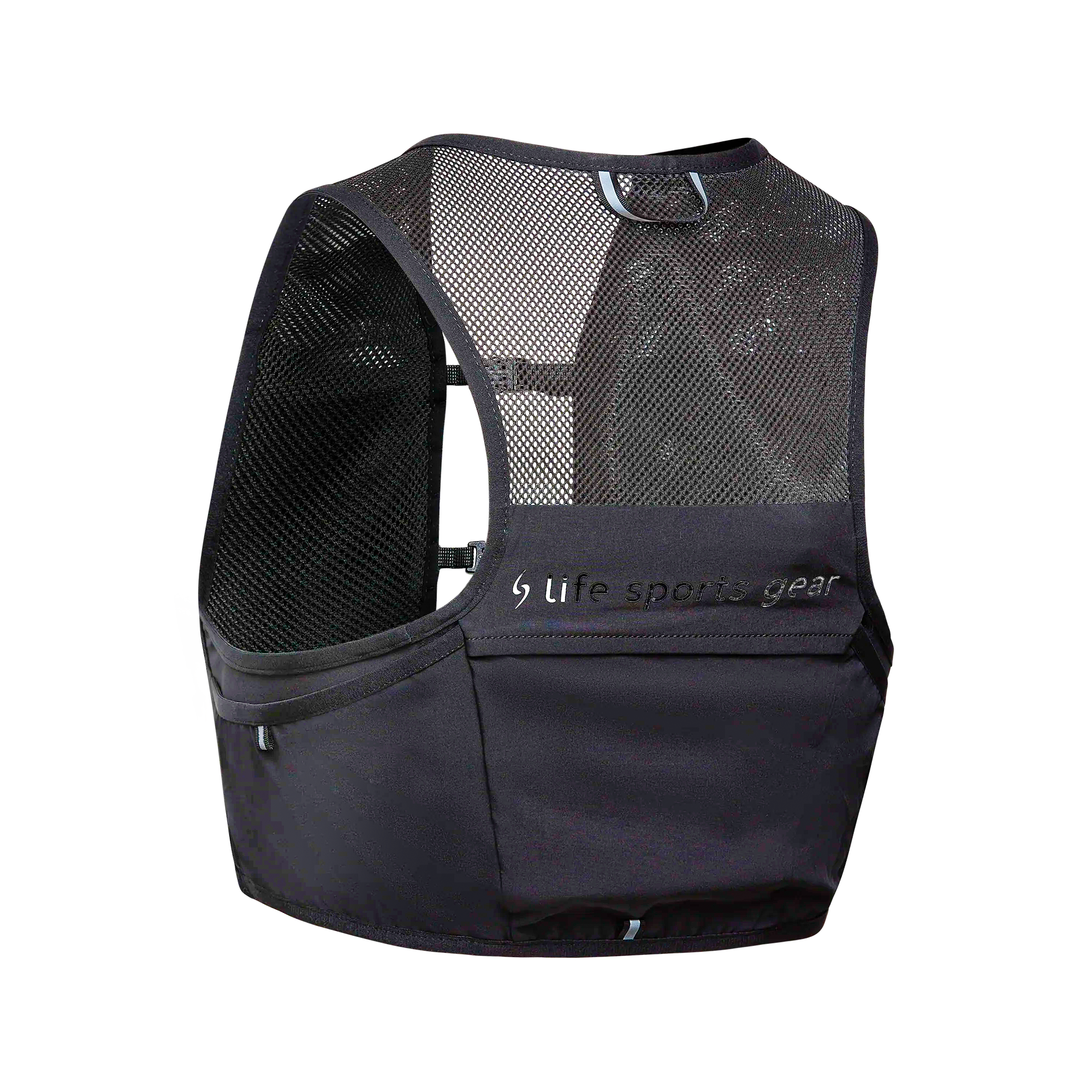 Black running vest with mesh back and visible brand logo on a white background #color_black