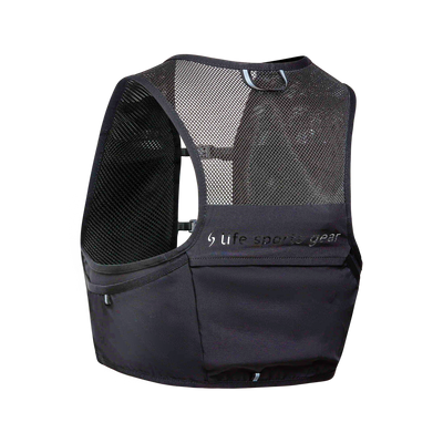 Black running vest with mesh back and visible brand logo on a white background #color_black