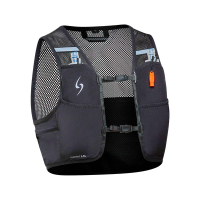 Black hydration vest with mesh side panels on a white background #color_black